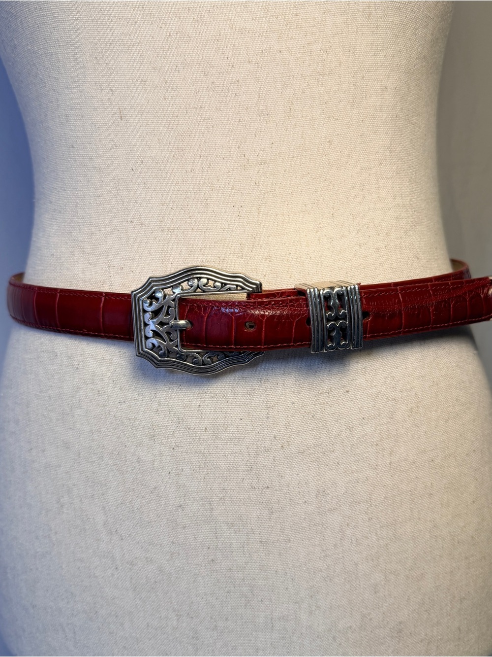 Brighton Garnet Faux-Croc Leather Belt with Ornate Silver Buckle,western, USA